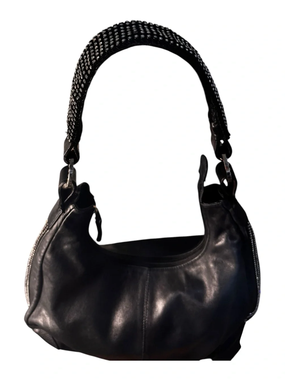 DXtouch Black Leather Hobo Bag Rhinestone Embellished Slouchy Shoulder Purse